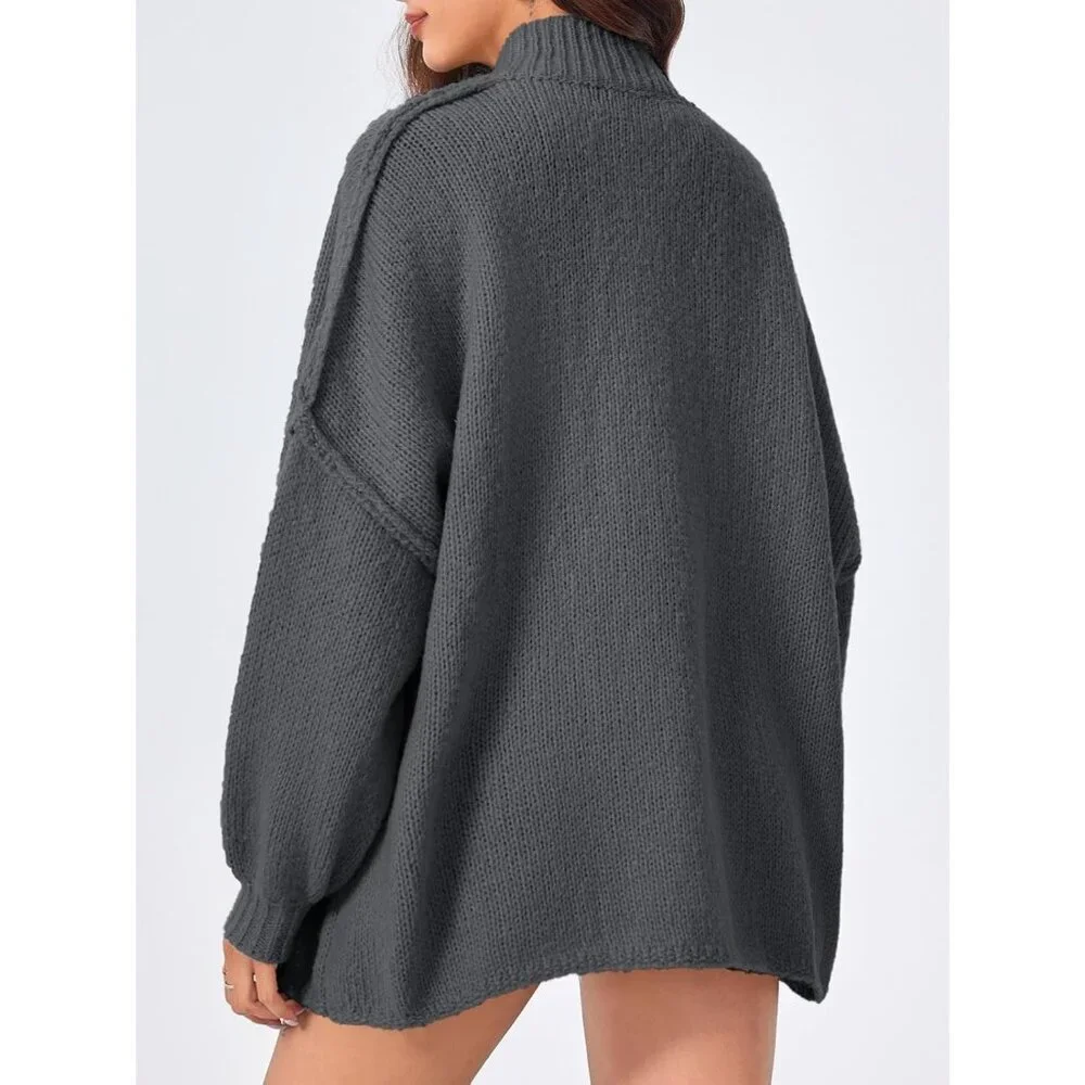 Women's Dark Gray Oversized Cardigans Button Down Chunky Fall Sweater Coats - Picture 5 of 5